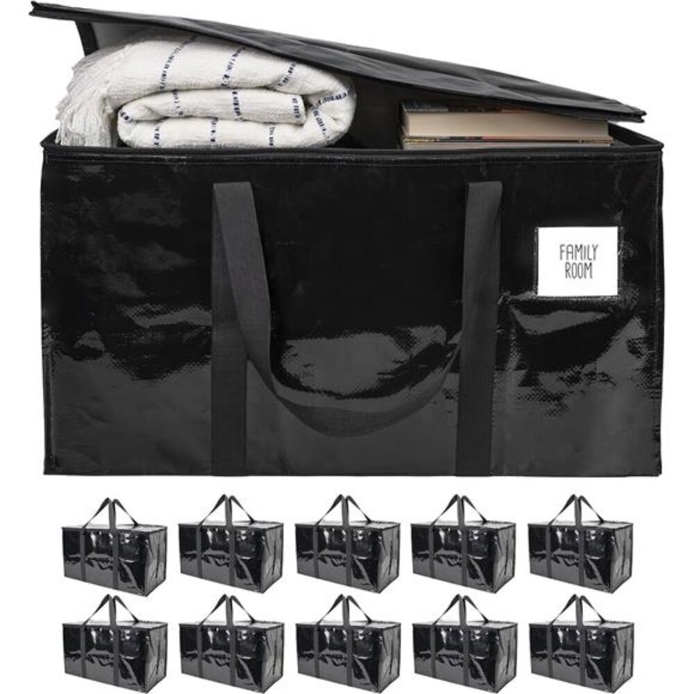 10 Black Moving Bags Extra Large Heavy Duty Storage Bags Zippered Top Handles